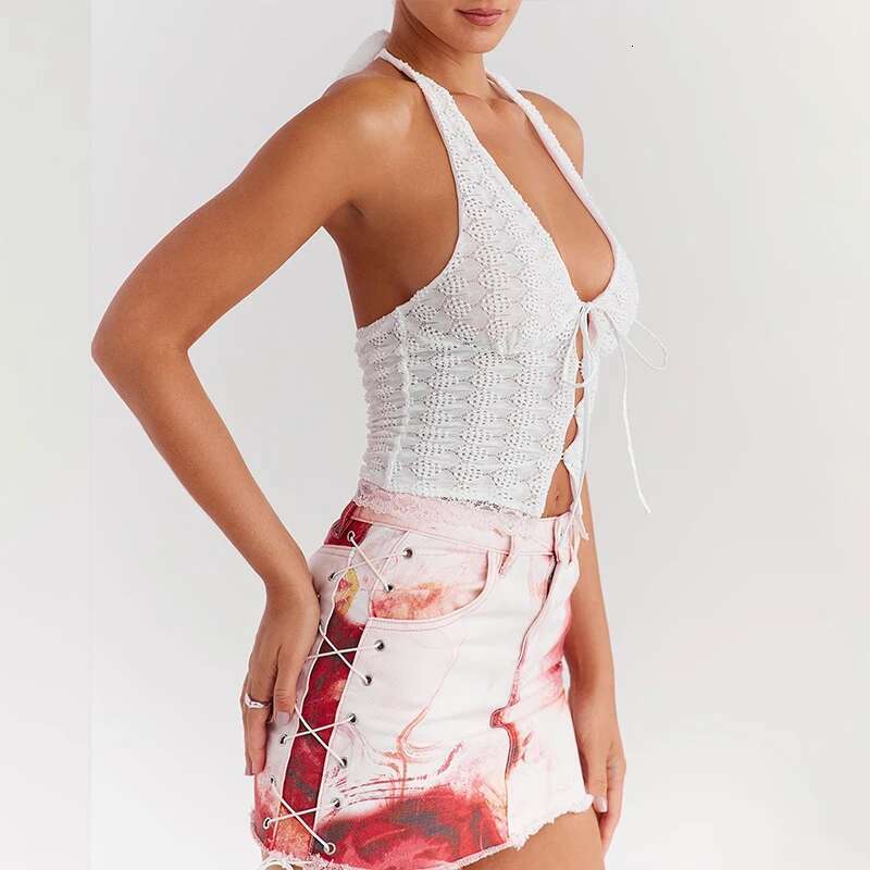 Dongdumaoyi Townlike Slim Bodycon Wrap Waist Hollow Out Lace Sexy Party Halter Crop Women Corset Top Summer Streetwear Women S Tight Underwear