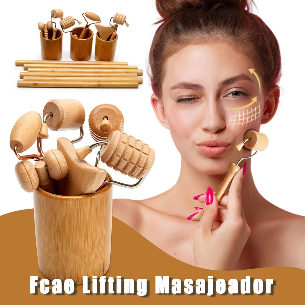 Face Massage Roller Wooden Facial Madero Wood Massage Kit Anti-Cellulite Facial Wrinkle Remover 250423