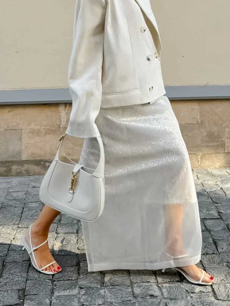 Trendix Sexy See Through Mesh Skirt Women White High Waist Seam Loose Leather Autumn Street Fashion Club Party Skirt Women M250424