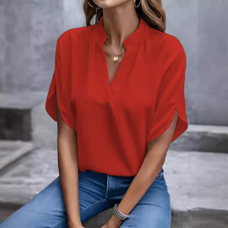 2024 summer simple casual solid color V-neck loose shirt top for women