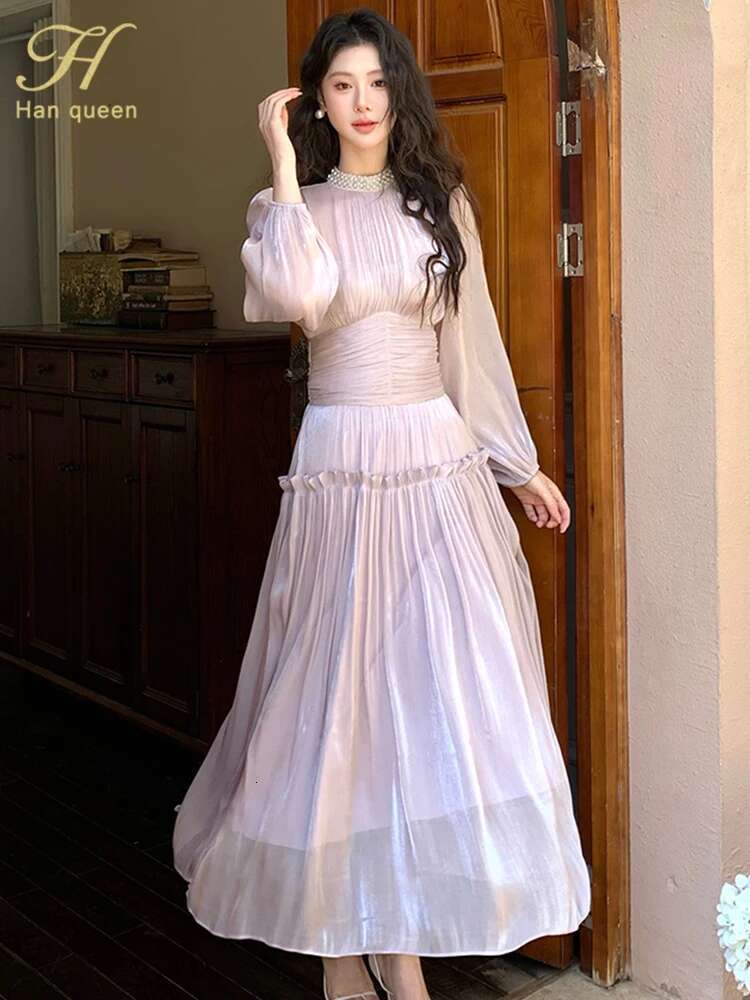H Han Queen Spring Pleated Waist Cinched Long Bubble Sleeve Dress A-Line Casual Nail Bead Vintage French Style Party Dresses
