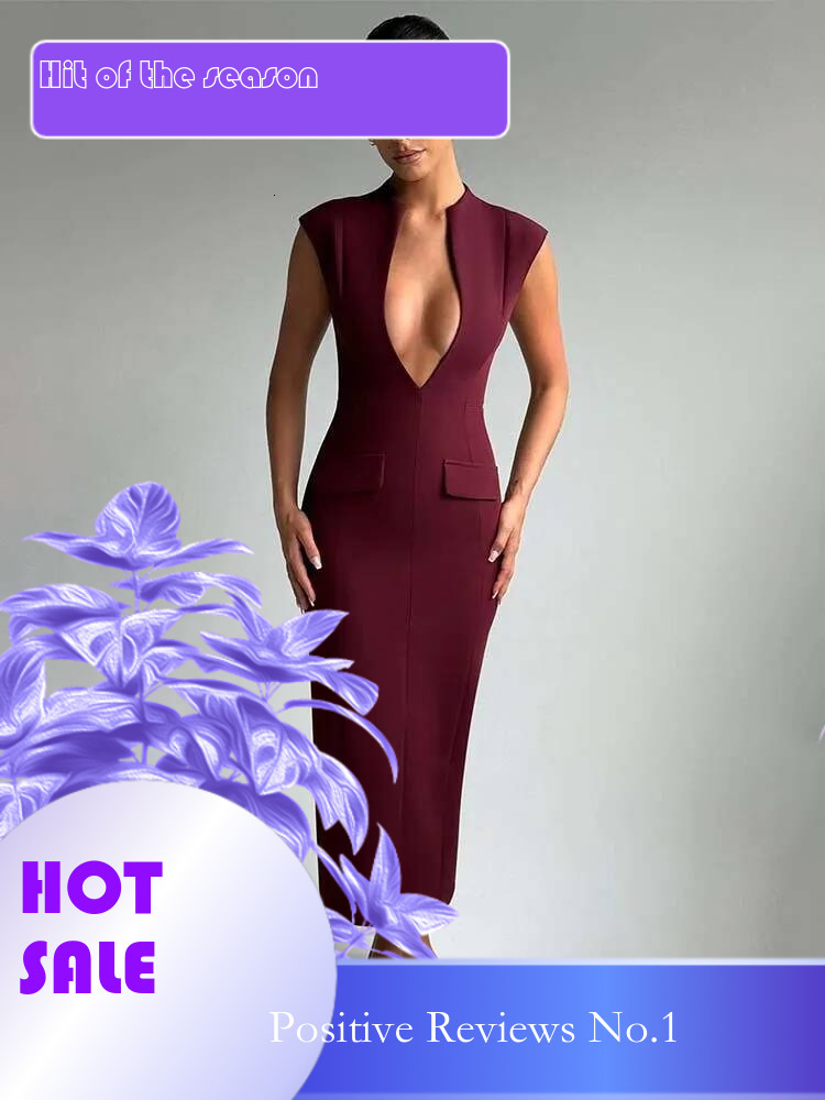 Dongdumaoyi Townlike Pockets Slim Bodycon Dress Women Elegant Midi Long Summer Deep V Neck Nightclub Sexy Party Dresses