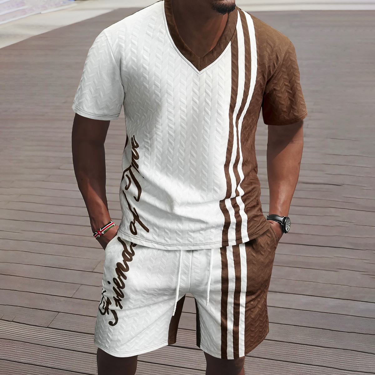 Spring and summer new style pit stripe texture short sleeved shorts set, men's daily casual two-piece set, simple and fashionable solid color bea