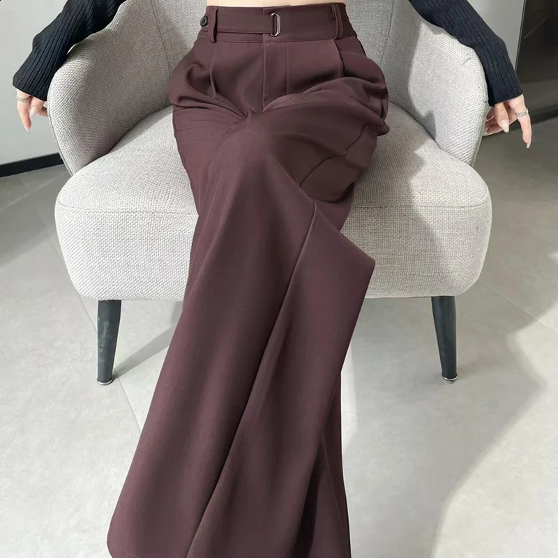 High Waist Button Suit Wide Leg Womens Full Pants Spring Autumn Red Female Elegant Minimalism Straight Loose Trousers 250421