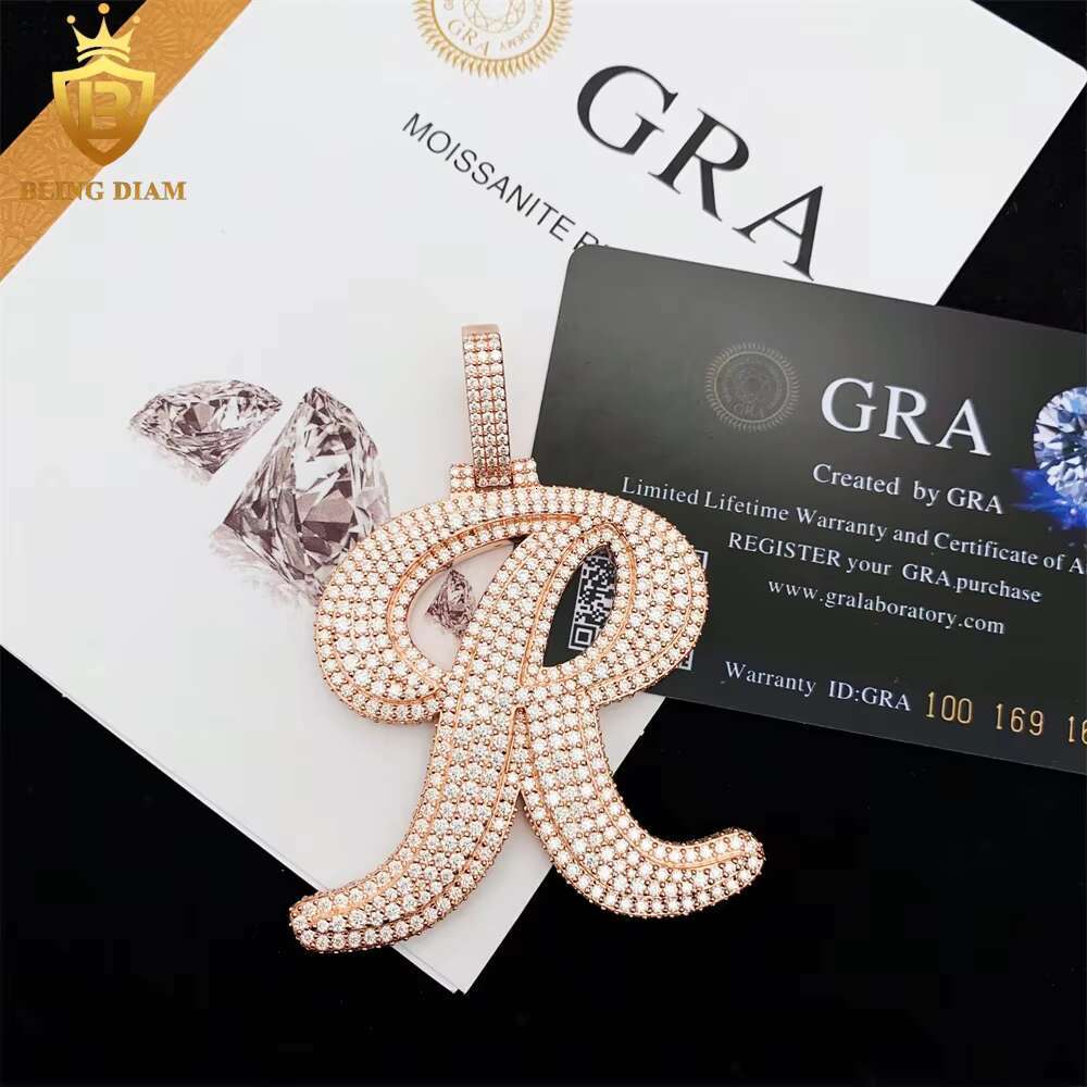 GRA Certificate Charm Necklace Diamond VVS Moissanite Custom Initial Letter R Pendant 925 Sterling Silver