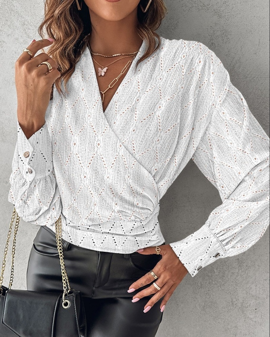 2023 Autumn Long sleeved Fashion V-neck Printed Womens Shirt Womens Wear