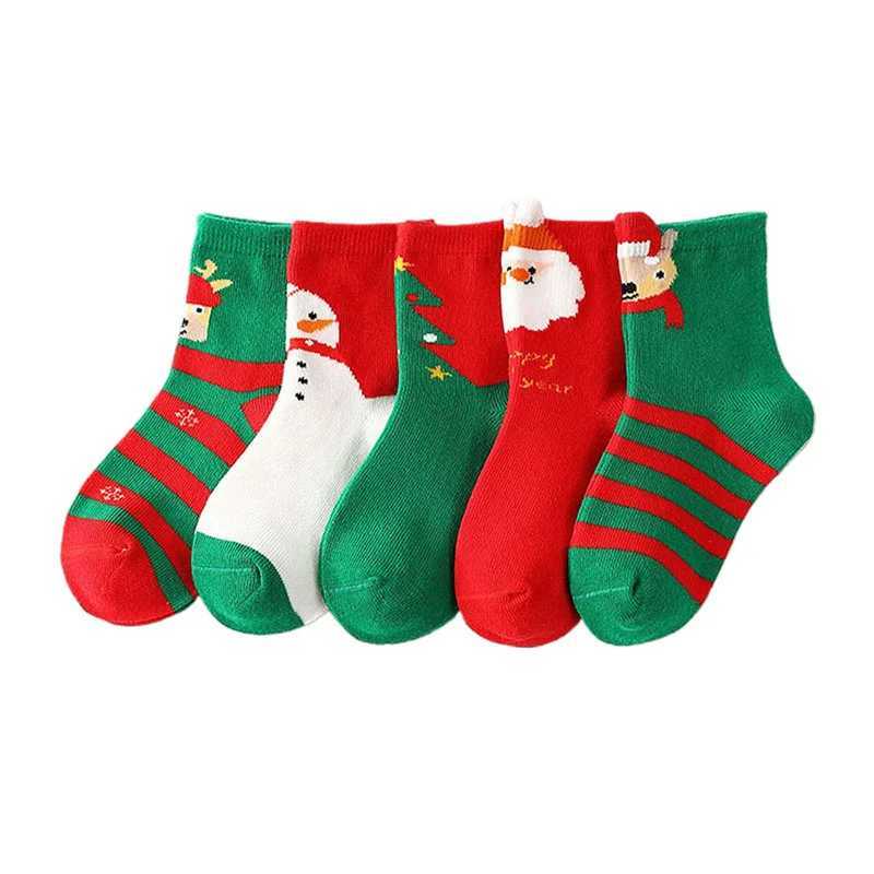 Cathery Christmas Socks for Kids 5 Pairs Sets Striped Santa Claus Pattern Print Colorful Girls Boys Winter Warm Holiday Socks G251124