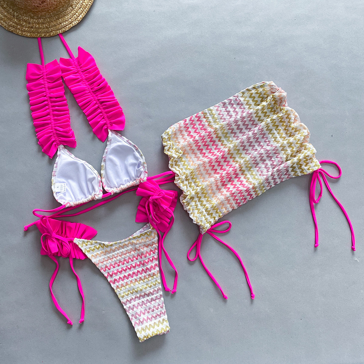 2025 Designer Women's Summer New Swimsuit Folding Printed Stripes Luxury Embroidered Metal Wire Fabric Bikini Sexy Split Women's Beach Wear