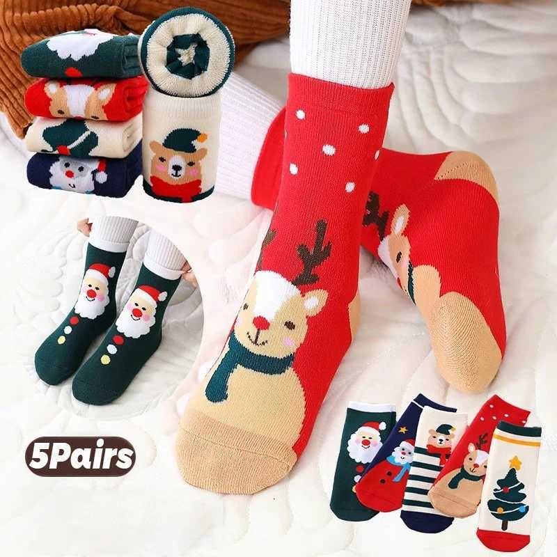 5 Pair Childrens Socks Christmas Thick Woolen Hoop Socks Winter Boys and Girls Warm and Versatile Red Cartoon Mid Tube Socks G251124