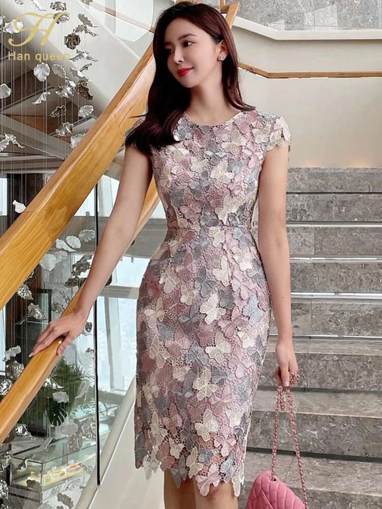 H Han Queen Summer Elegant Chic Lace Dresses Women Korean Retro Vestidos Fashion Color Blocking Office Party Casual Dress