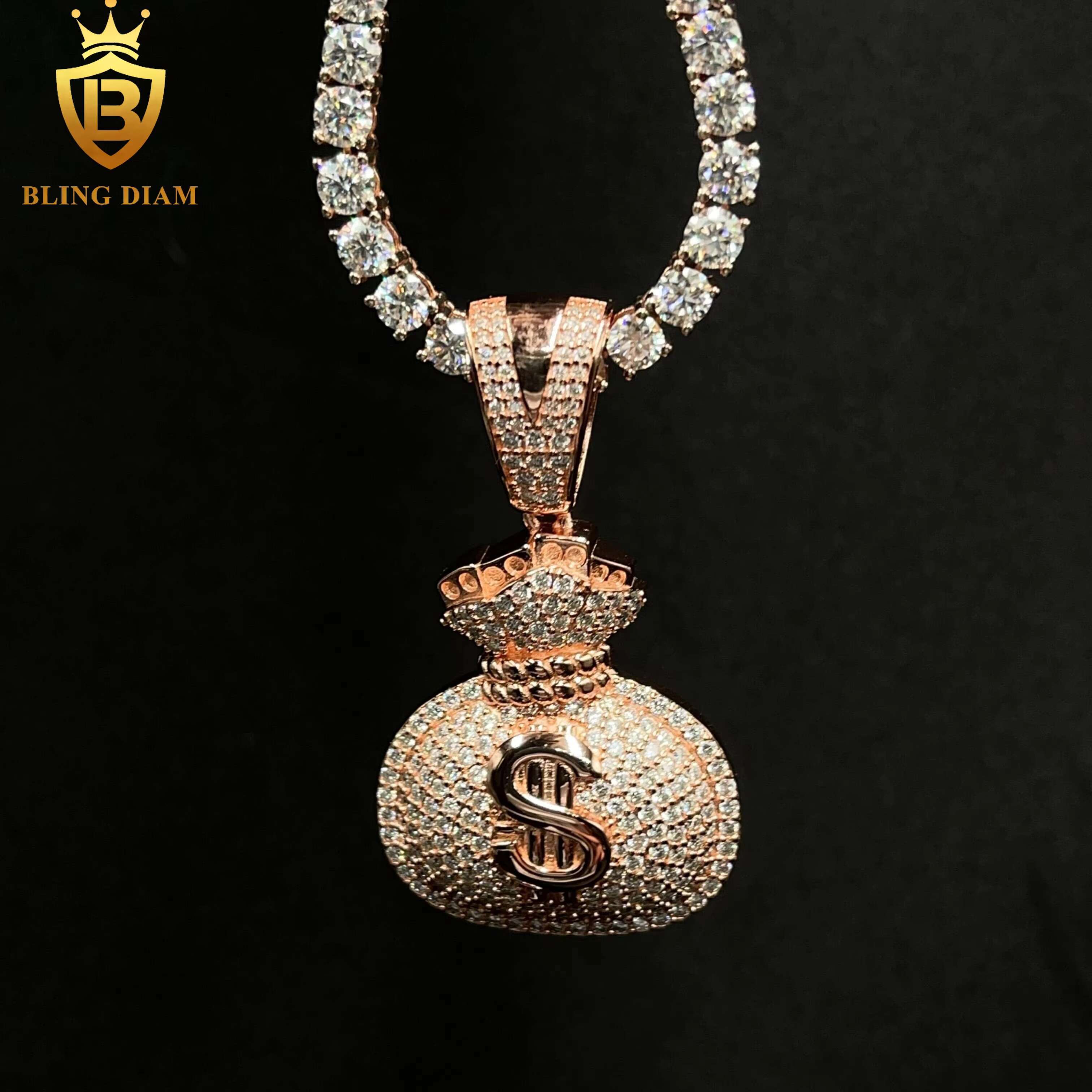 New Fashion Hip Hop Jewelry 925 Sterling Silver VVS Moissanite US Dollar Money Bag Charm Custom Pendants