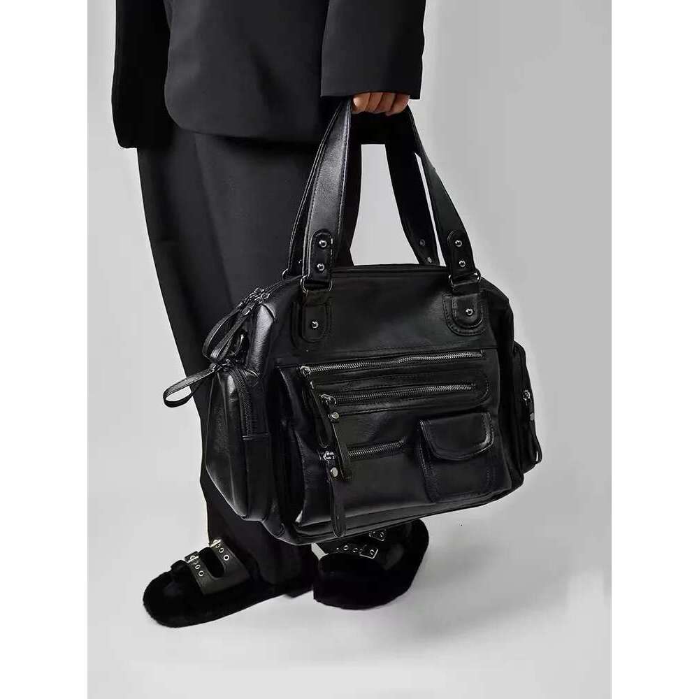Designer Bag 2025 Black Punk Large Capacity Tote High Quality Multi Zipper Textured Leather Handbag Shoulder Messenger Female Cool Bag Luxury Bag
