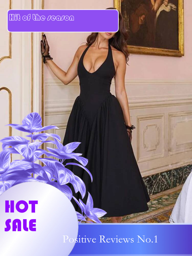 Dongdumaoyi Townlike Waist Warp A Line Pleated Dress Women Midi Long Halter Summer Backless V Neck Nightclub Sexy Party Dresses