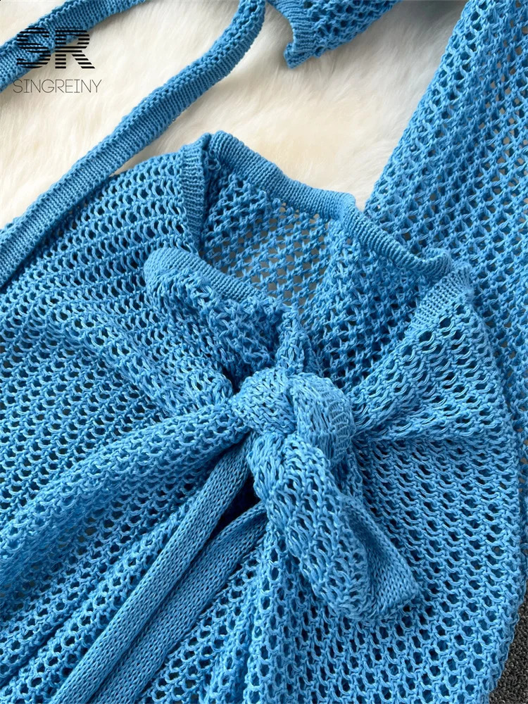 SINGREENY Vacation Two Piece Womens Long Sleeve V-neck Short Top Adjustable Waist Partial Style Long Sleeve Knitted Summer Beach Set 250423