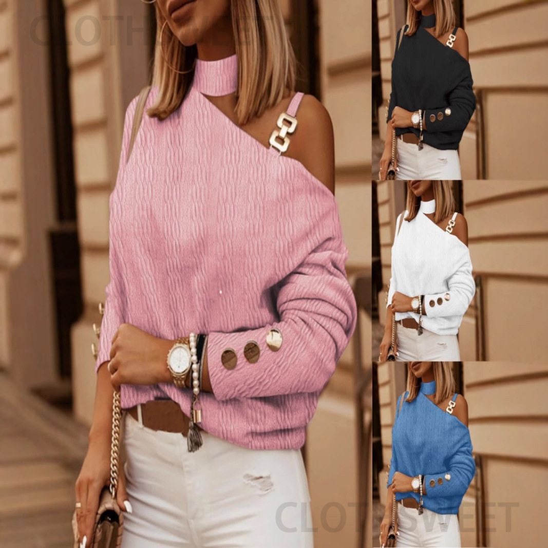 2023 new fashionable and sexy chain button decoration long sleeved shirt for women