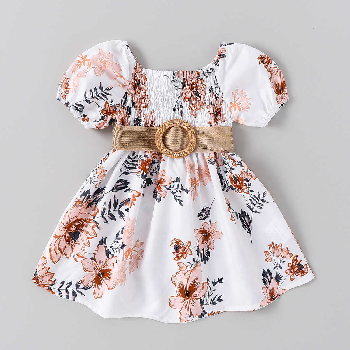 Summer Girls Vacation Style Floral Dress with Pleated Sleeves and Waist Belt Two-piece Fashionable Princess Dress Y250423i2lw