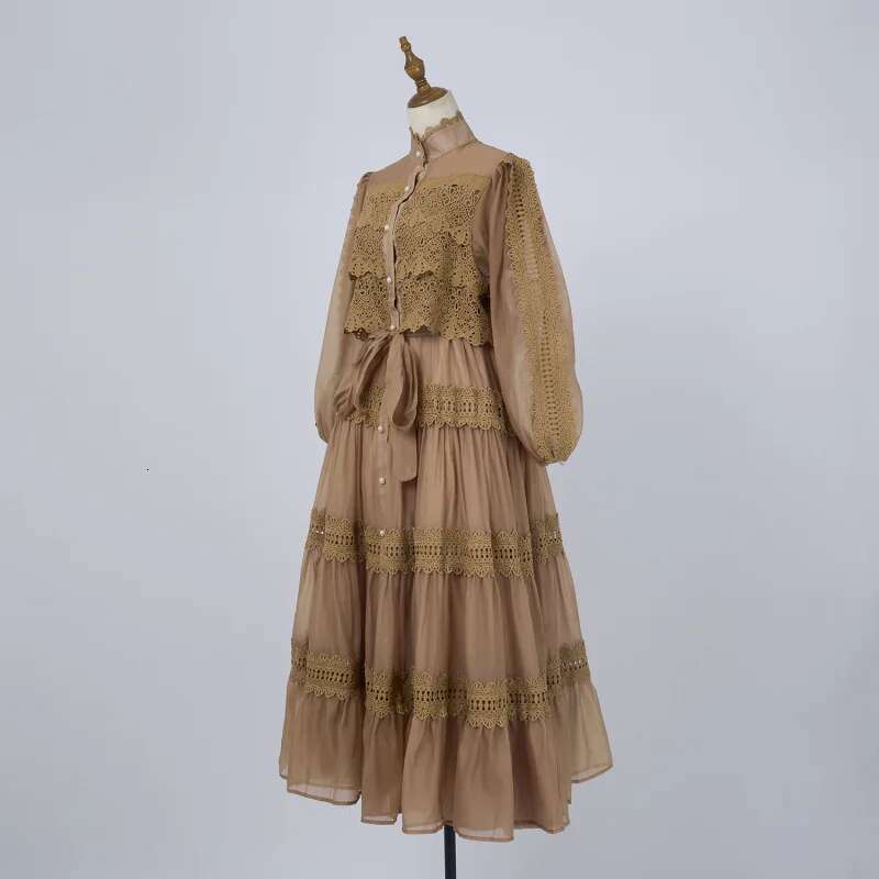 Runway Long Dresses Women Autumn Full Sleeve Single Breasted Pearls Embroidery Hollow Out Crochet Midi Vestidos