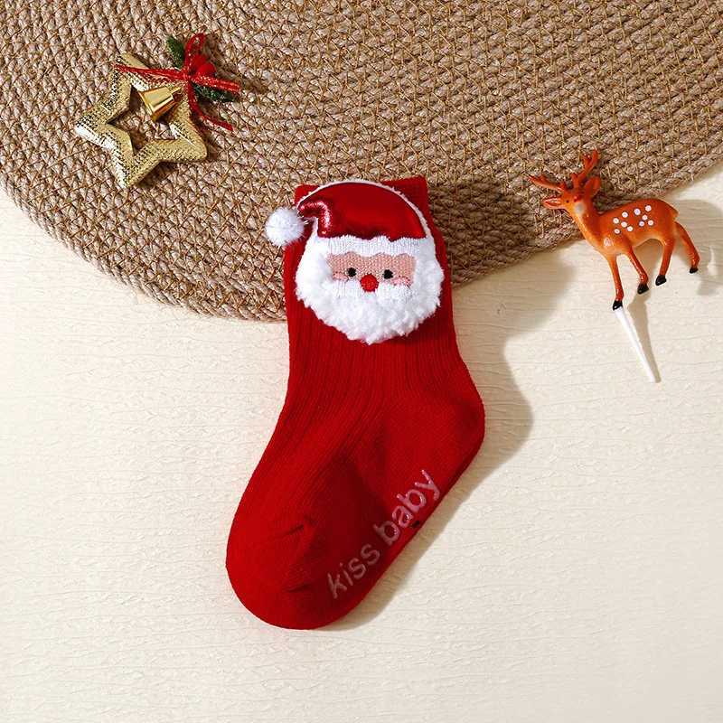 Kids Red Christmas Socks Cute Elk Tree Snowman Children Anti-Slip Floor Socks Boy Girl Winter Warm Mid Tube Sock Xmas Footwear G251124