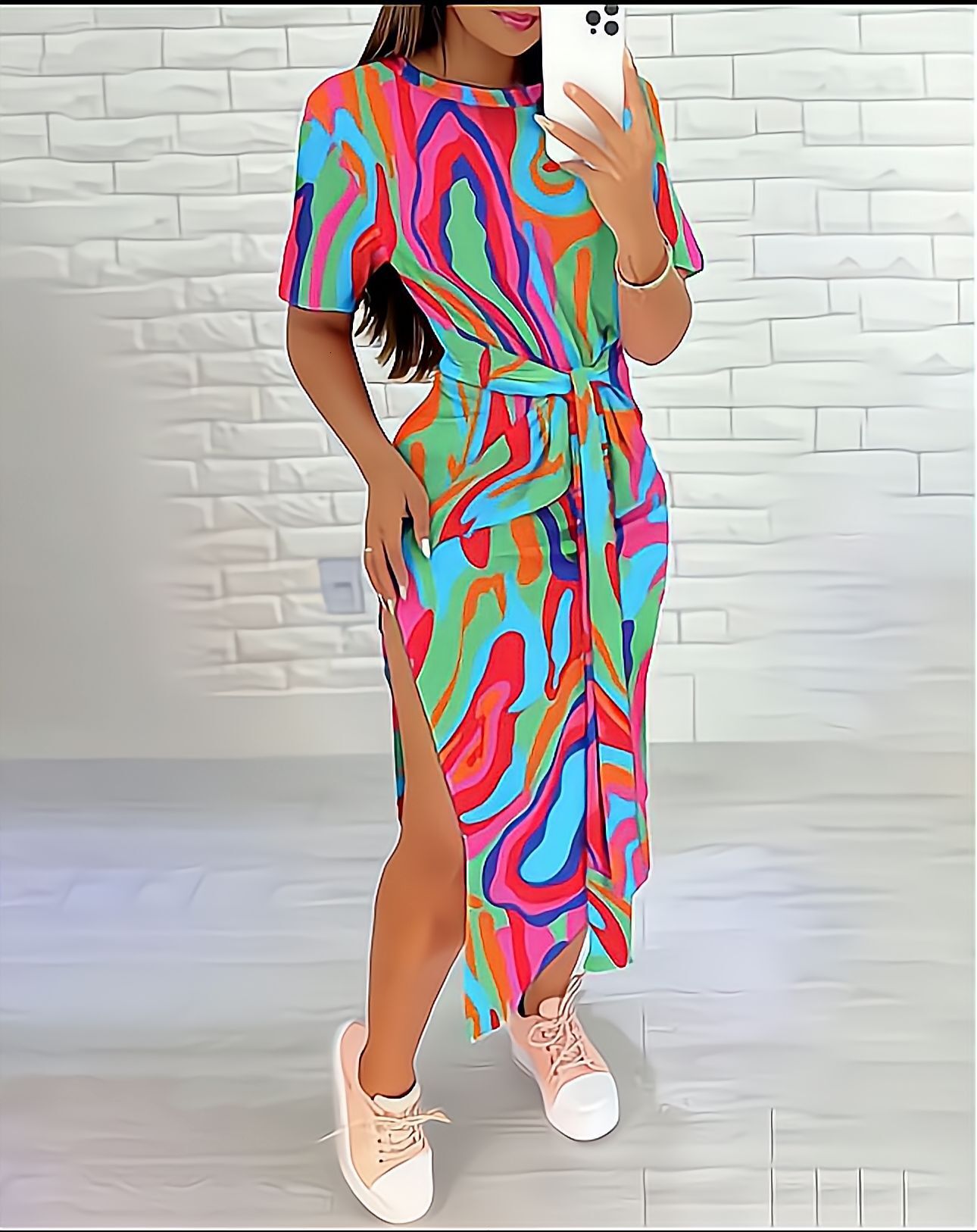2023 Summer Round Neck Geometric Printed Bag Hip Dress for Women