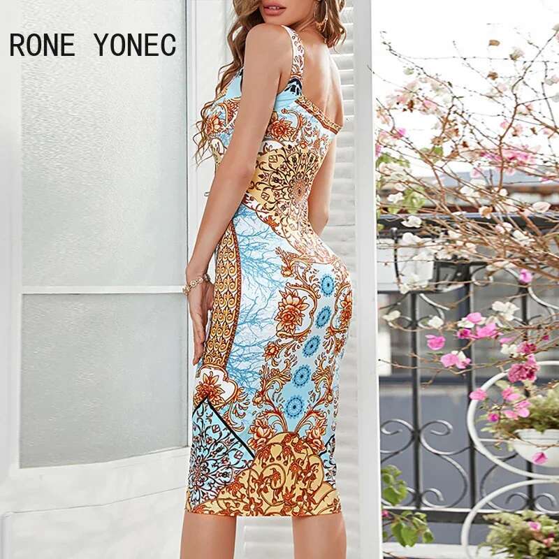 Women All Over Print Vintage Pattern Sleeveless Bodycon Midi Sexy Party Dresses