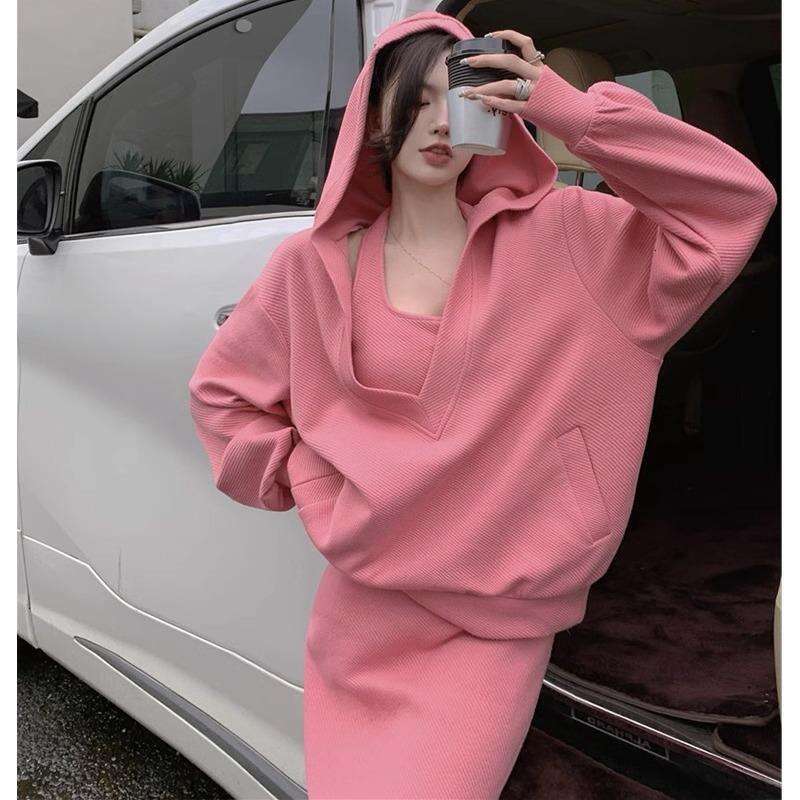 2025 Spring Western Style Casual Age Reducing And Slimming Women's Fashion Set, Plus Size Hoodie, Two-Piece Set With Meat Covering, Dress