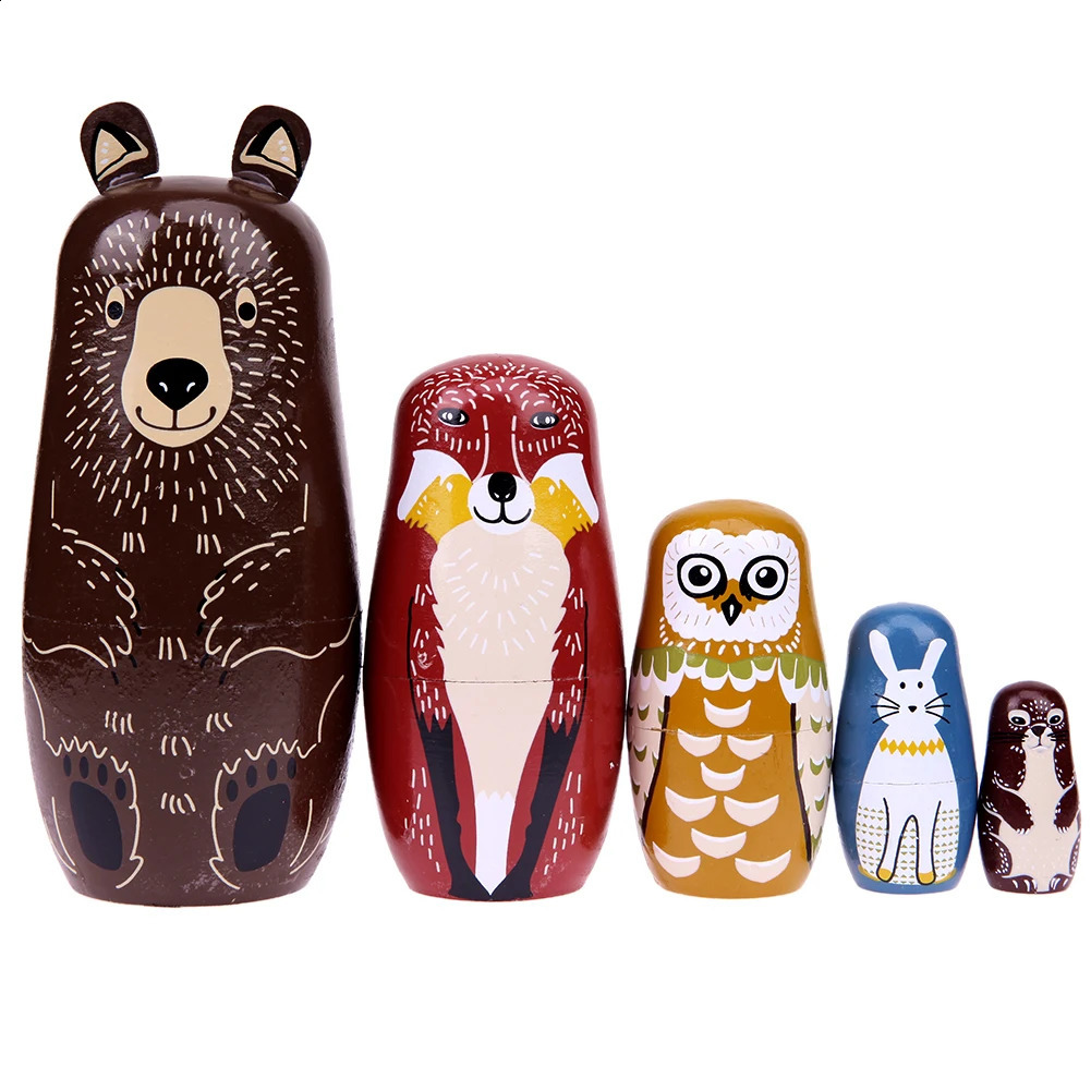 5 Floors Wooden Russian Nesting Dolls Safe Smooth Bear Ears Matryoshka Dolls Set Handmade Painted for Kindergarten Teaching Aids 250423