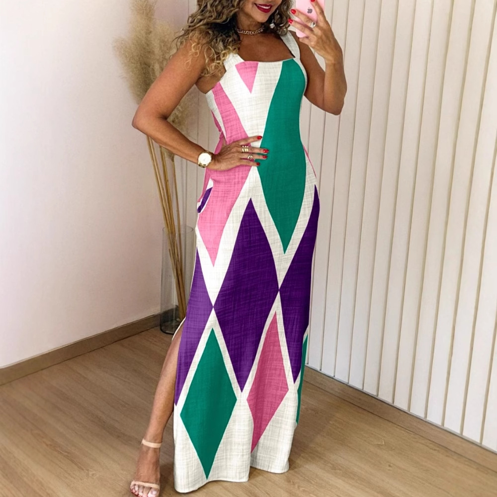2025 summer new sleeveless contrasting sexy slim fit split commuter dress for women
