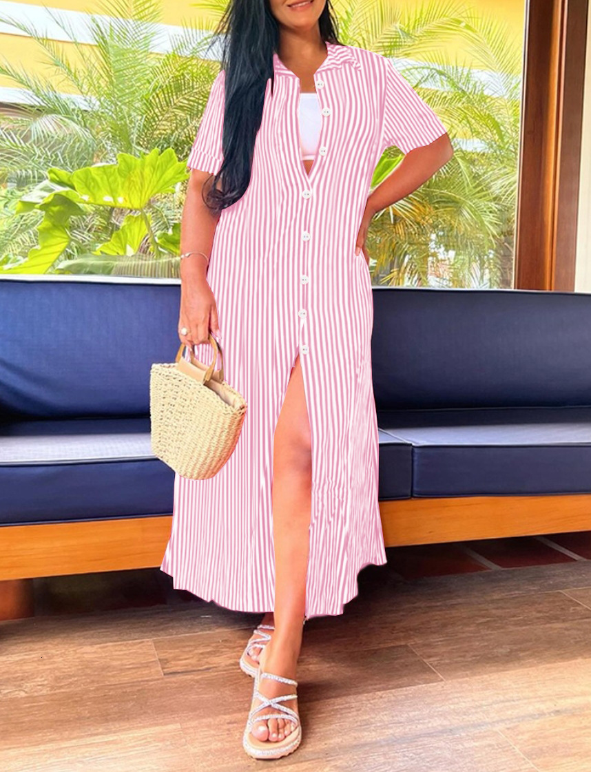 2024 summer short sleeved casual long striped printed dress for women