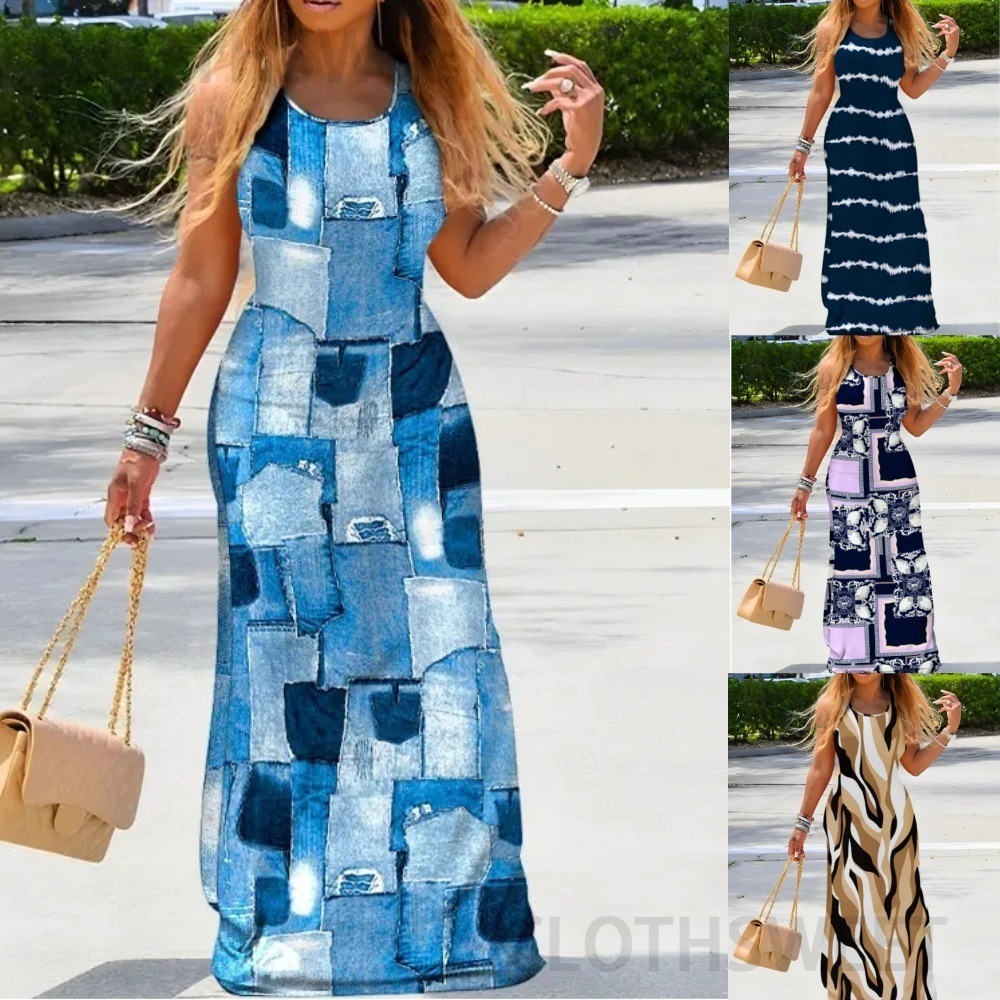 2024 Summer Fashion Printed Round Neck Sleeveless Slimming Dress for Women