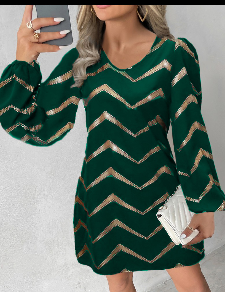 2023 autumn and winter long sleeved fashionable printed U-neck bubble sleeve dress for women