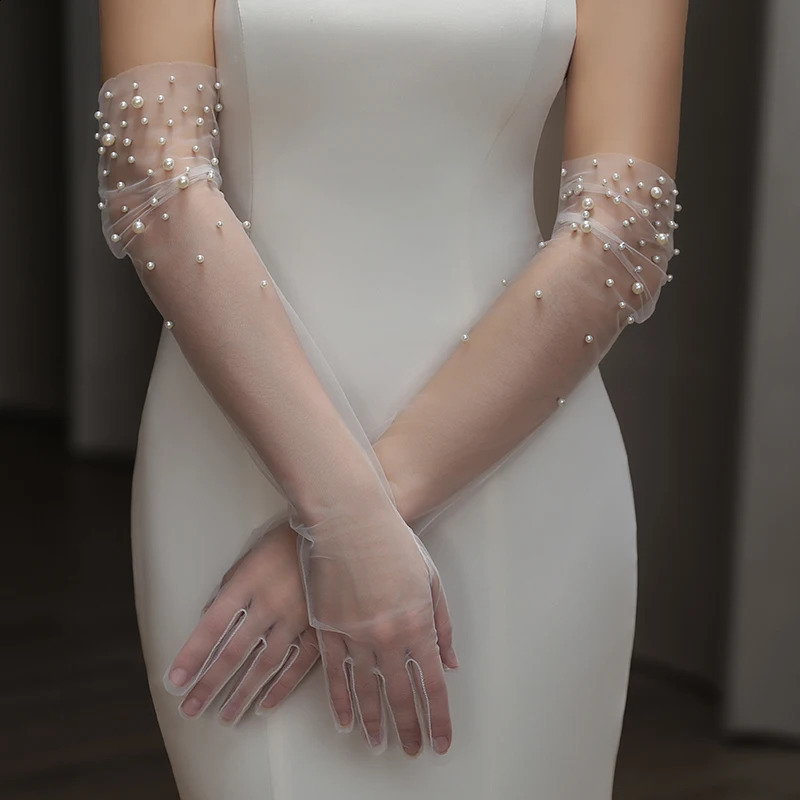 WG138 Bridal Gloves Heavy Handmade Beading Elegant Long Elegant Slim Wedding Dinner Party Tulle Gloves Wedding Accessories 250417