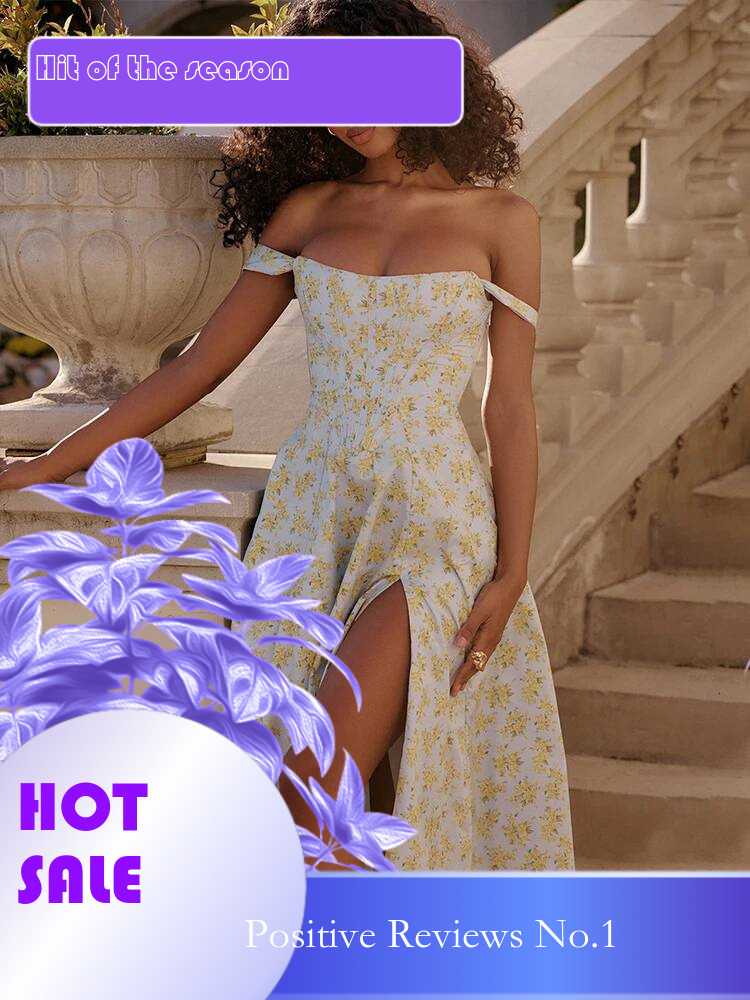 Dongdumaoyi Townlike Off Shoulder Midi Long A Line Dress Women Spaghetti Strap Spring Summer Print Split Sexy Party Dresses