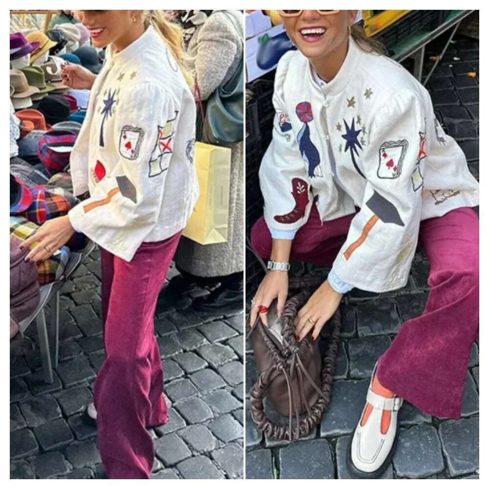 2024 Spring And Autumn Cartoon Print Baseball Ladies Simple Round Neck Single Breasted Casual Long Sleeve Jacket New Coat