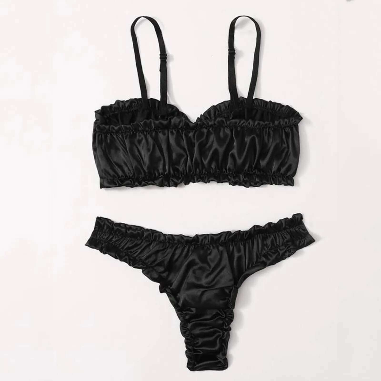 Dongdumaoyi Sexy Silk Satin Fashion Gerie Women Solid Black Spaghetti Strap Elastic Wireless Bra Thong Slip Comfortable Underwear Set Women S Tight Un