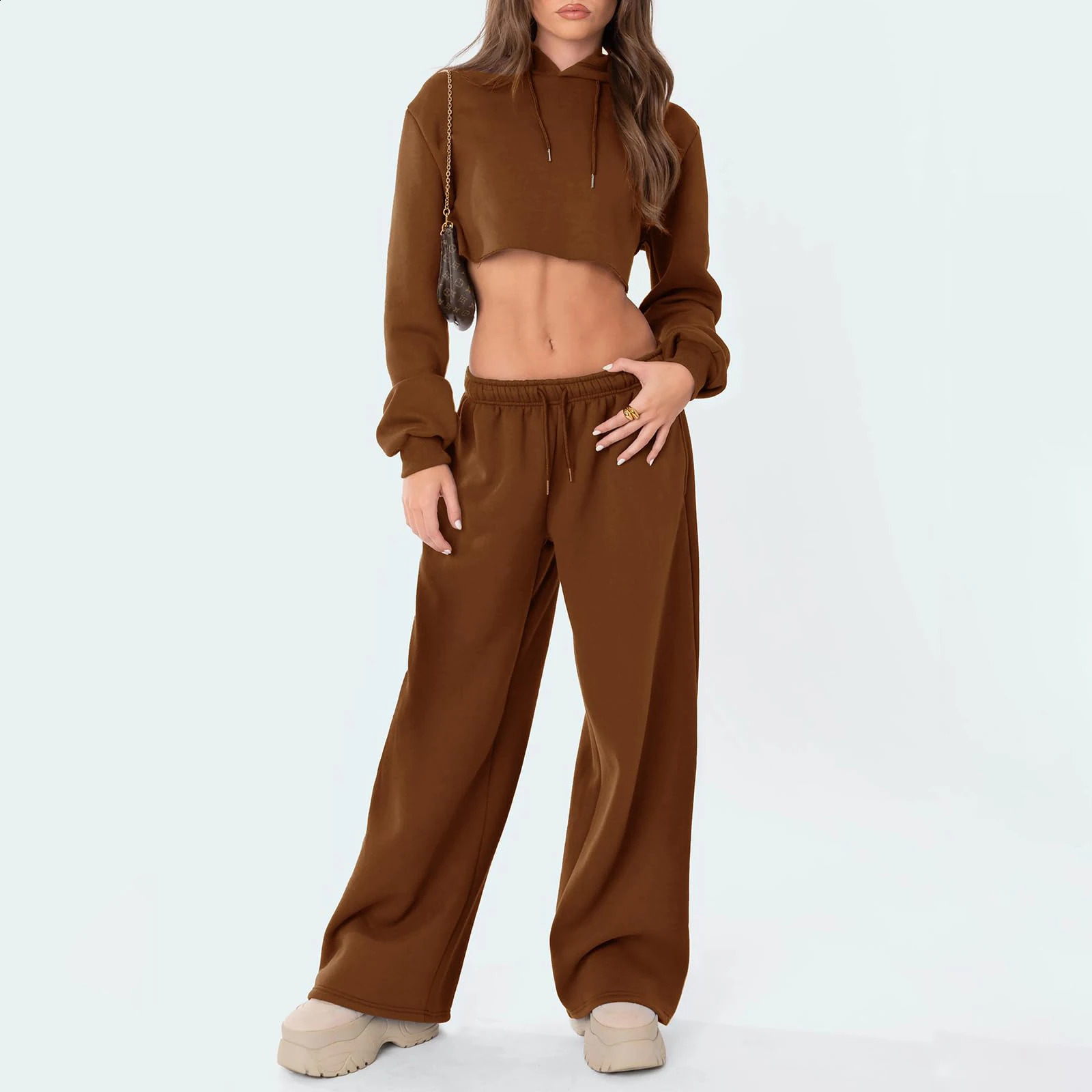 Fashionable womens casual pants jogging pants sports pants solid color brushed high waisted wide leg Trouser streetwear casual set 250422