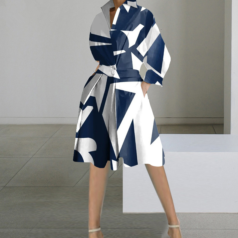 2023 Autumn New Fashion Long Sleeve V-neck Printed Medium length Dress for Women