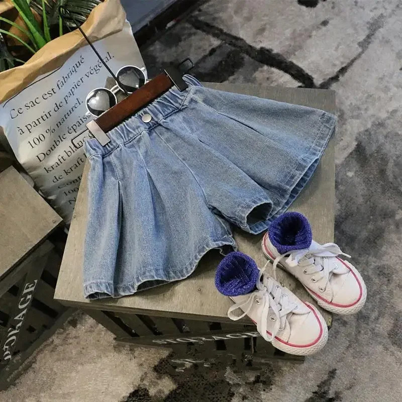 Summer childrens shorts girls solid color jeans casual loose pants clothing for children aged 4 to 13 bottom 250414z