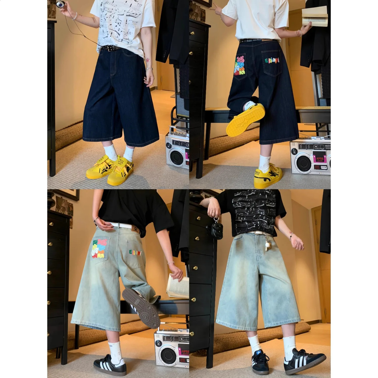 American retro jeans Y2K mens Harajuku hip-hop gothic retro pocket embroidered blue pocket jeans low waist wide leg Trousers 250423