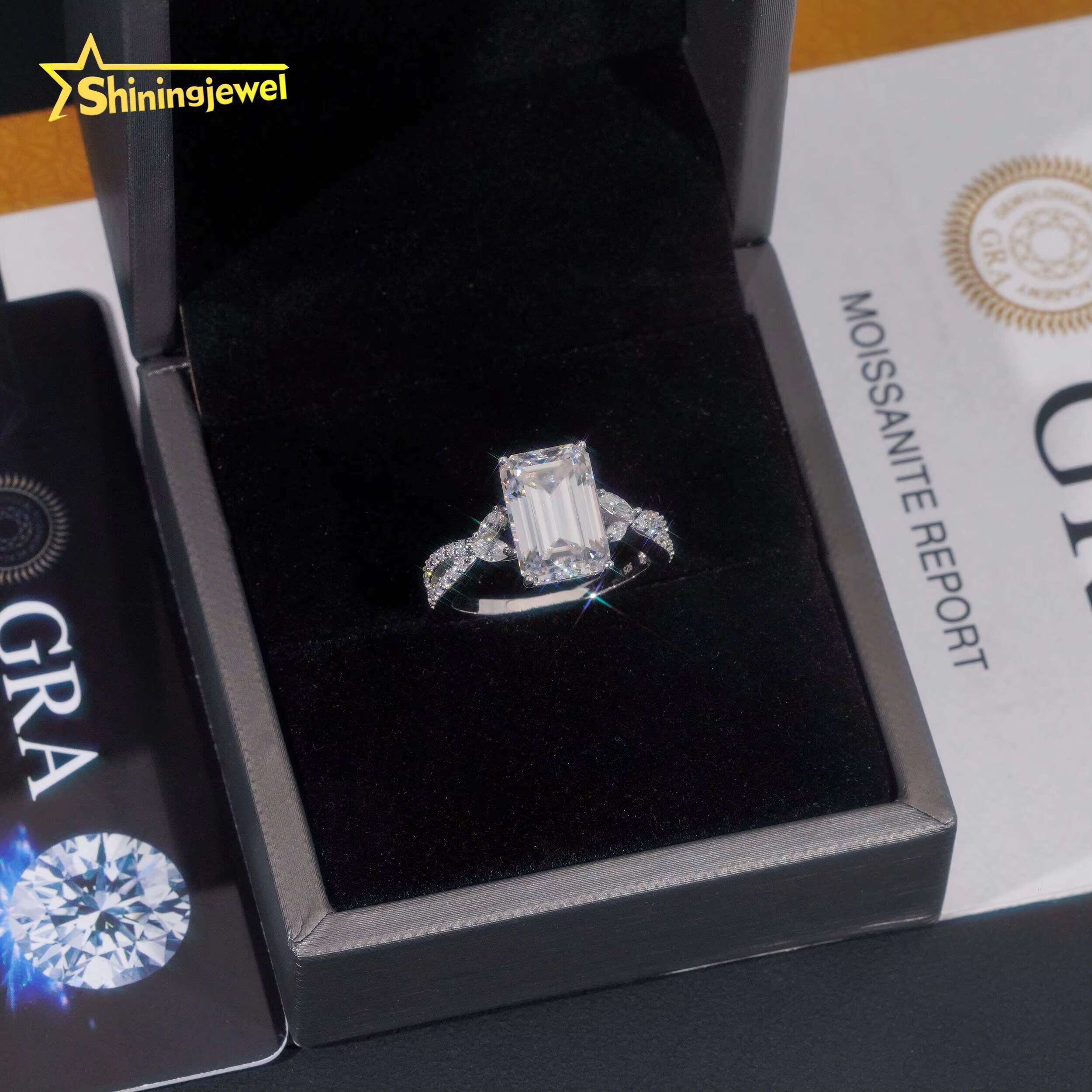 RTS Gold Plated Emerald Cut Wedding Ring Moissanite VVS Pass Diamond Test 925 Sliver Engagement Rings for Women