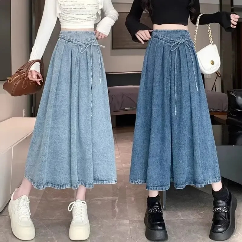Vintage lace up denim womens spring petite mid length dress with high waist and elegant Aline skiing 250417