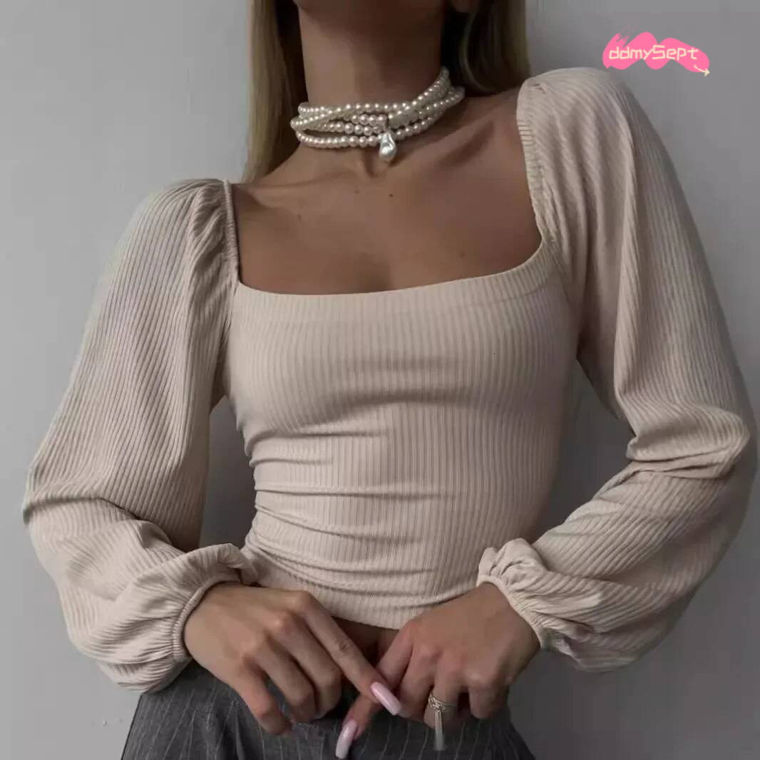 Sexy Ins Trendy Two-Way Wear Ladies T-Shirt Sensible Square Collar Open-Back Fitted Waist Long Sleeve Top ddmysept