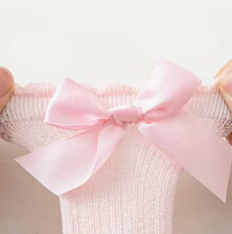 Girls Solid Crew Socks With Bowknot Comfy Breathable Casual Soft Socks For Kids Outdoor Activities G251124