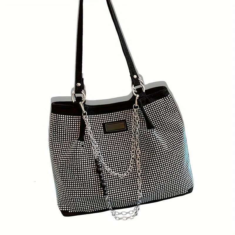 Shiny Rhinestone Shoulder Trendy Chain Decor Tote Bag, Glitter Bling-Bling Handbag For Women