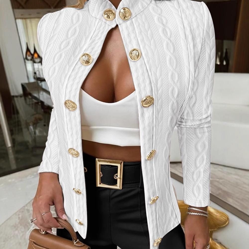 2024 autumn and winter metal buckle decoration stand collar long sleeved slim fit jacket womens clothing
