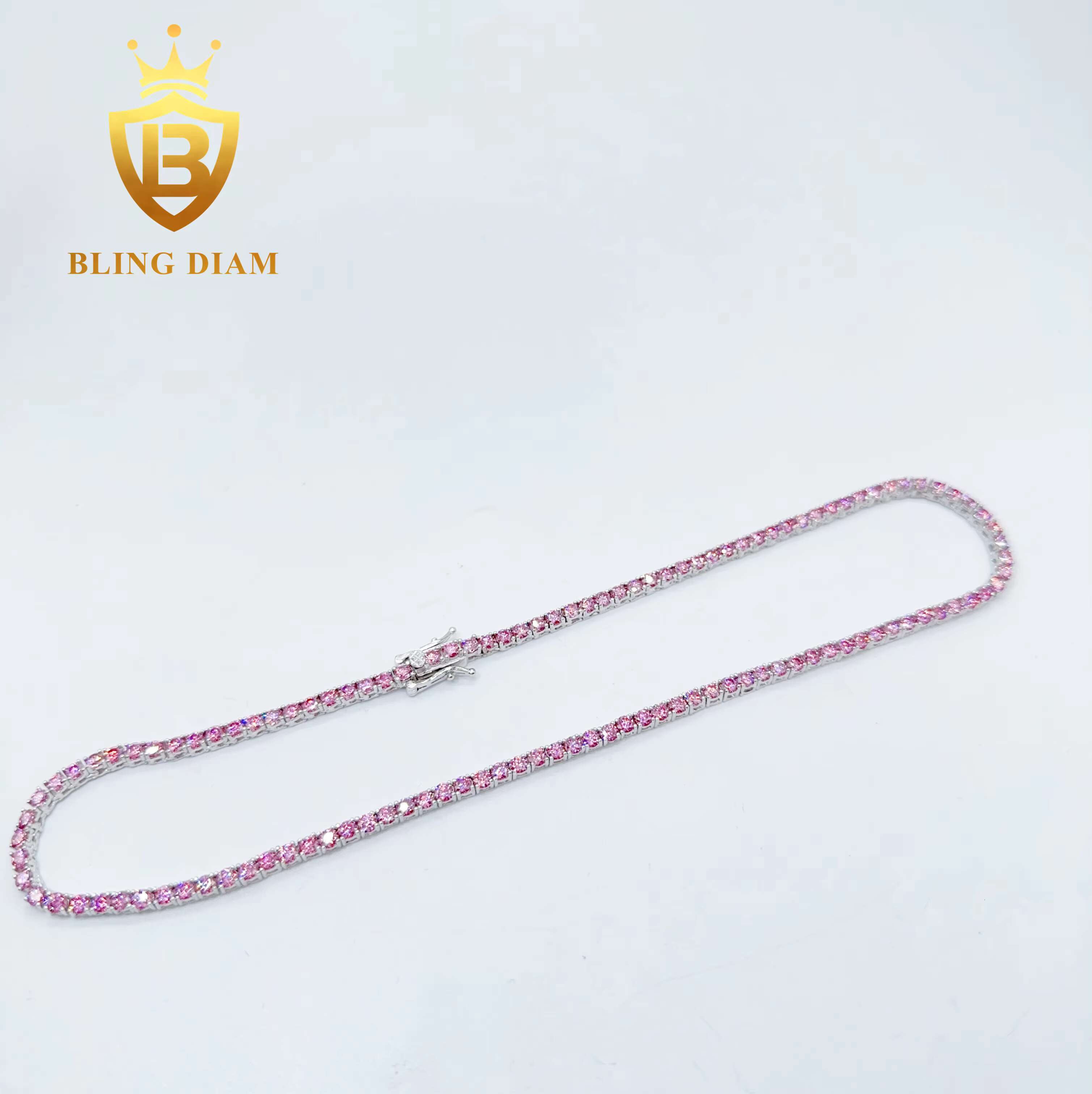 Blingdiam Jewelry Pass Diamond Tester S925 Sterling Silver 3mm 4mm Pink Moissanite Tennis Chain