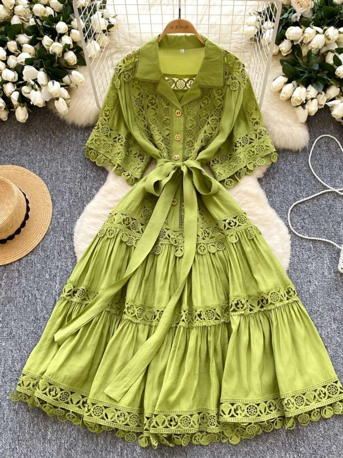 Hollow Out Midi Dresses Shirt Women Summer Holiday Elegant Single Breasted Button Lace Belt Embroidery Party Long Vestido