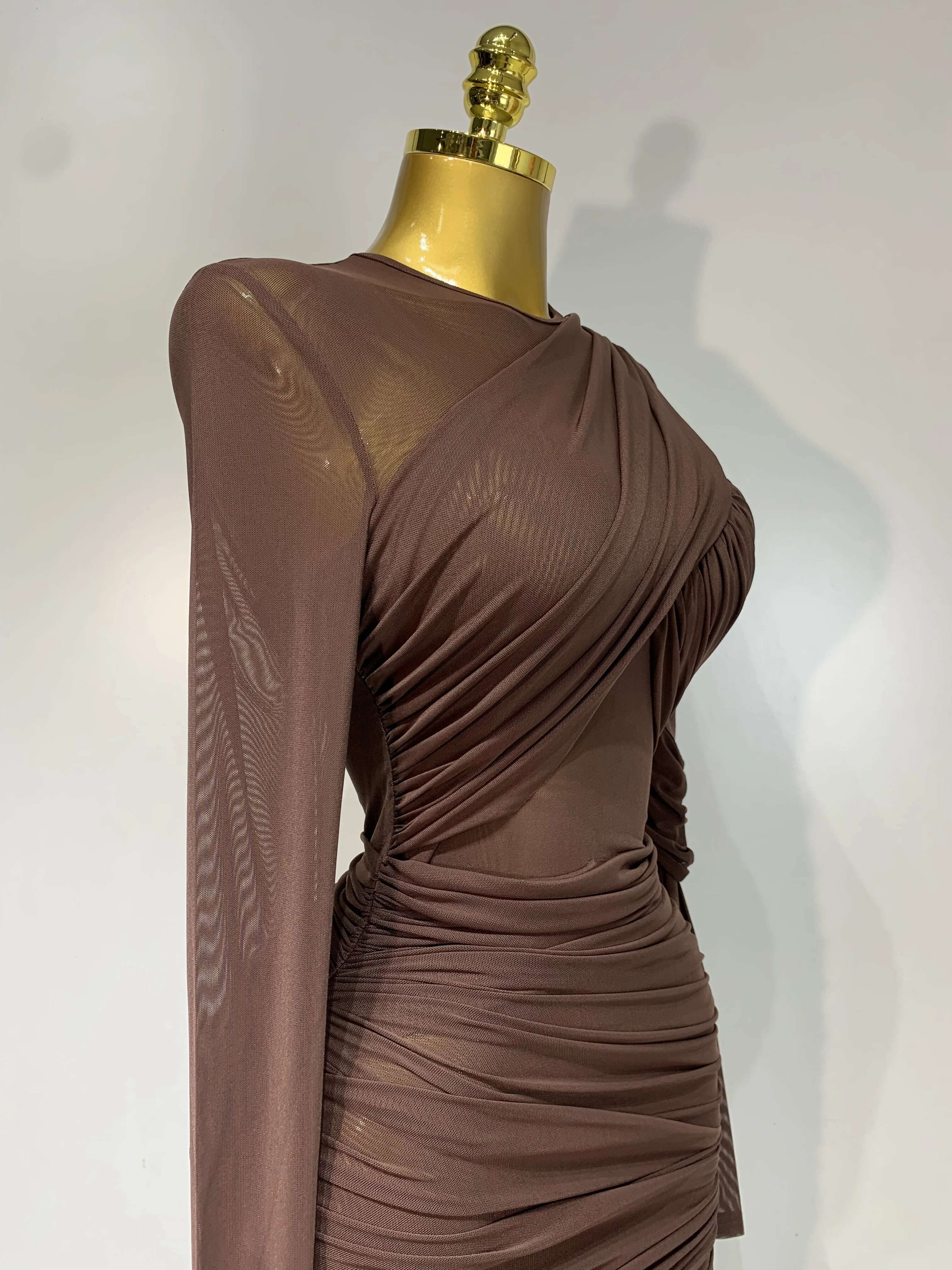Elegant Brown Mesh Fold Long Sleeve Bodycon Dress Women 2025 Evening Party Club Sexy Perspective Fashion Birthday Dresses