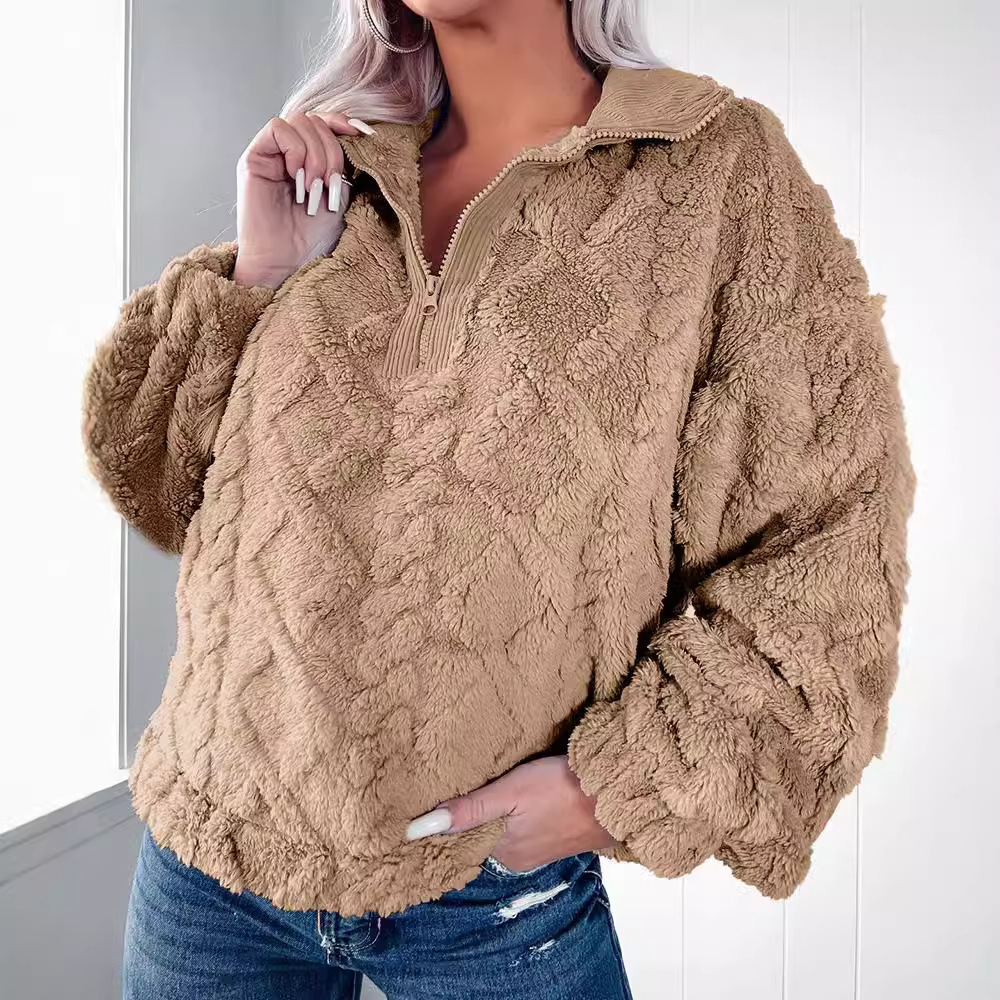 2024 new autumn and winter simple solid color half zipper stand up collar loose plush pullover hoodie