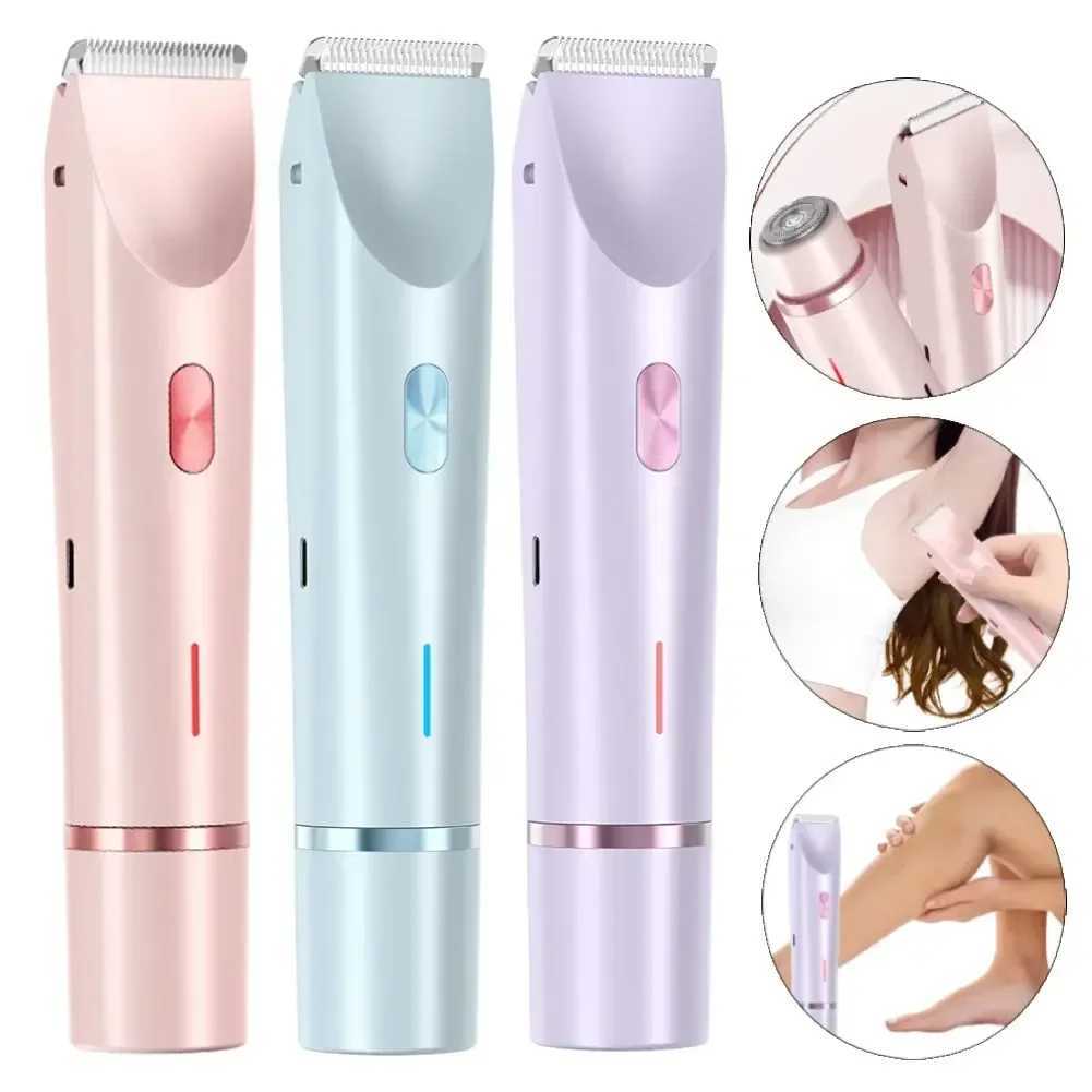 Women Electric Razors 2 in 1 Dual-Head Painless Bikini Trimmer Wet Dry Use for Ladies Pubic Hair Detachable Head Electric Shaver L251124