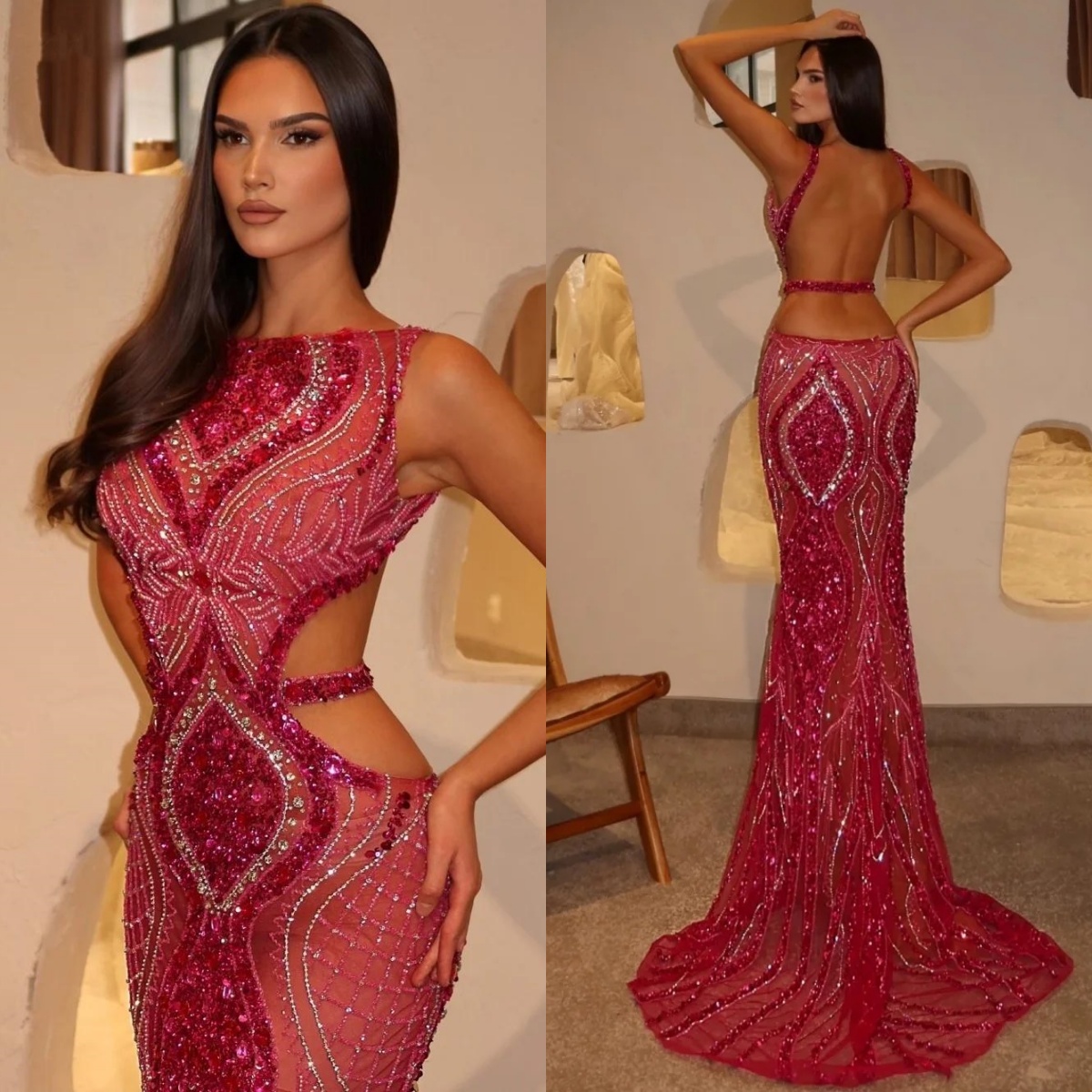 Sparkly Evening Dresses Sequins Rhinestone Prom Gowns Beading Backless See Through Illusion Customized Formal Occasion Sweep Train Party Dress Vestido